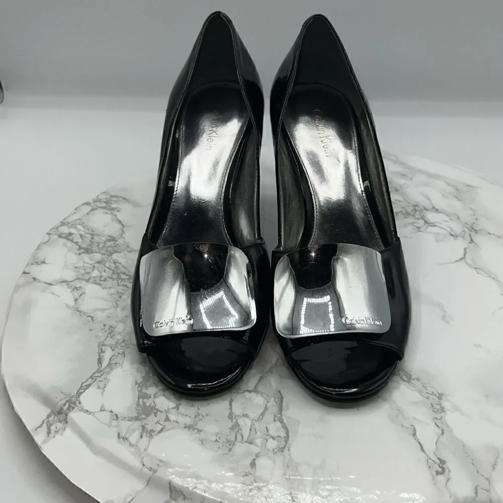 CALVIN KLEIN “Maeve” Black Patent Peep Toe Pump-7M